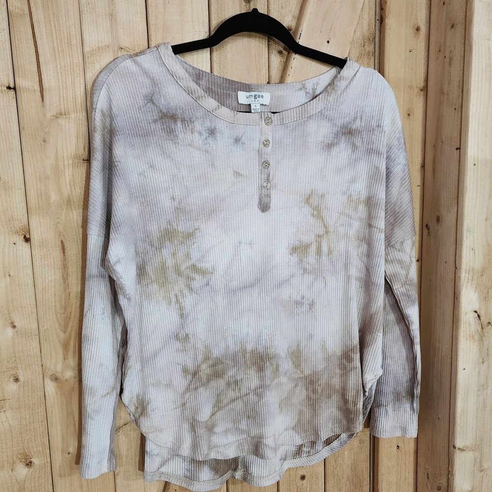 Umgee Tan Tie Dye Ribbed Henley Top Long Sleeve Oversized Boho M5139 Small‎